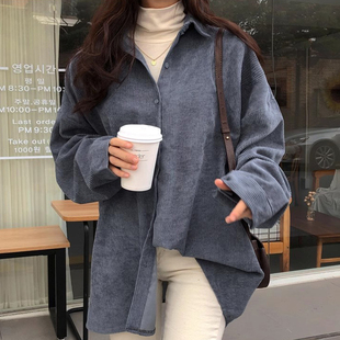 衬衫 复古风翻领单排扣宽松百搭灯芯绒长袖 外套女 法式 韩国chic秋季
