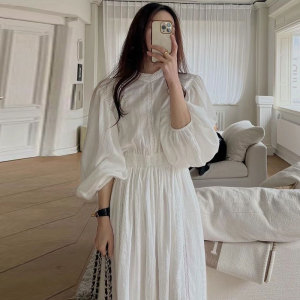 韩国chic春季法式简约花边立领拼接镂空蕾丝钩花褶皱收腰连衣裙女