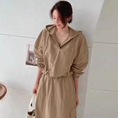 新款 纯色连帽V领上衣女早春季 宽松百搭高腰半身裙两件套 套装 时尚