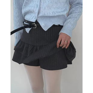 良良家夏季新款复古小众条纹荷叶边松紧腰半身裙A字裙裤短裙女