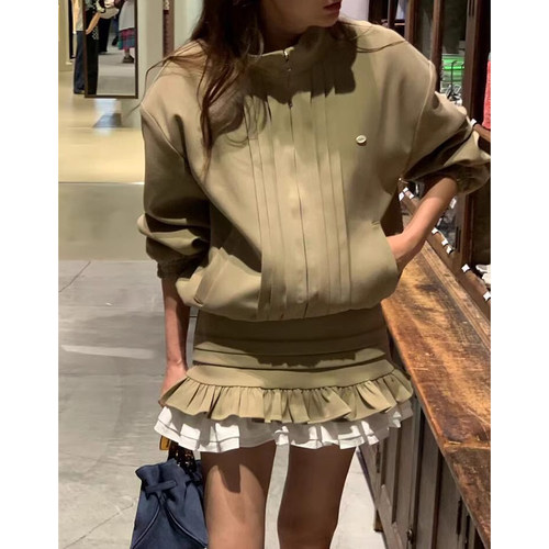 重工压褶夹克外套拼接花边半身裙