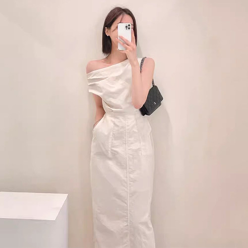 chic夏季后系带收腰包臀连衣裙女