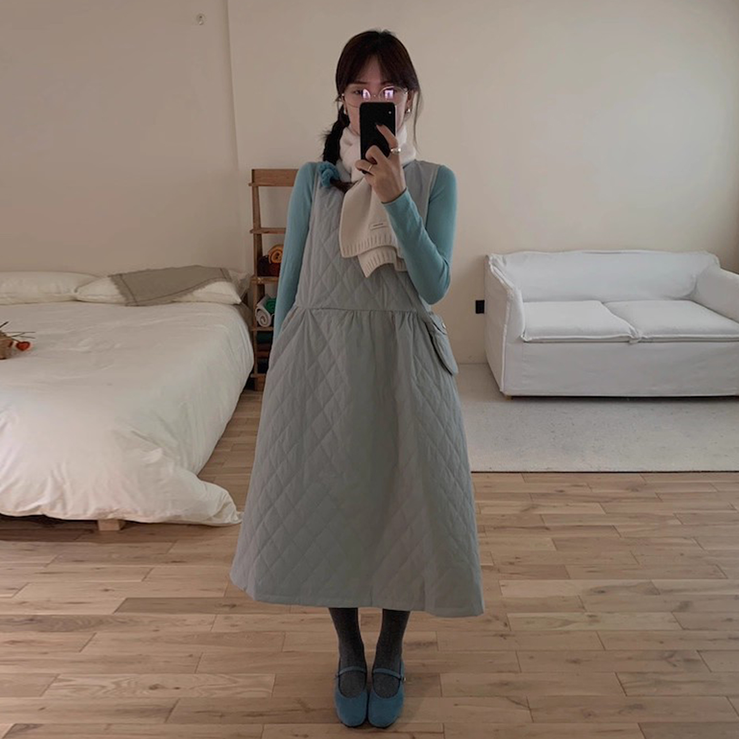 设计感菱形格夹棉叠穿背心连衣裙