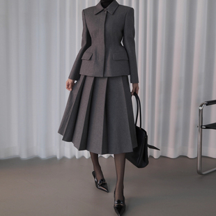 外套女2025冬季 高级感收腰设计呢子西装 高腰百褶半身裙子 套装 时尚