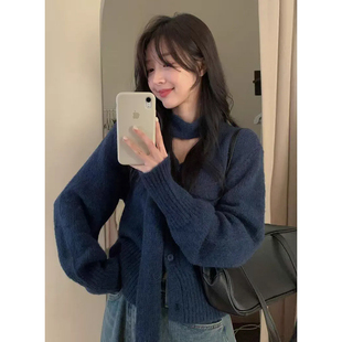 韩国chic秋季复古气质V领单排扣百搭显瘦长袖软糯针织外套配围巾