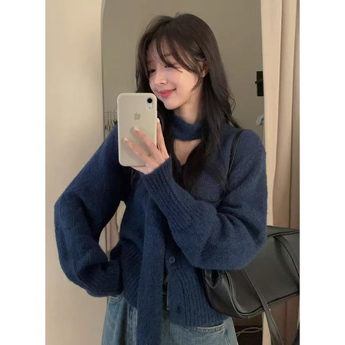 百搭显瘦长袖软糯针织外套配围巾