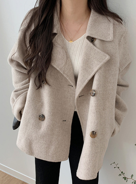 韩国chic秋冬法式气质西装领双排扣宽松休闲百搭长袖保暖毛呢外套