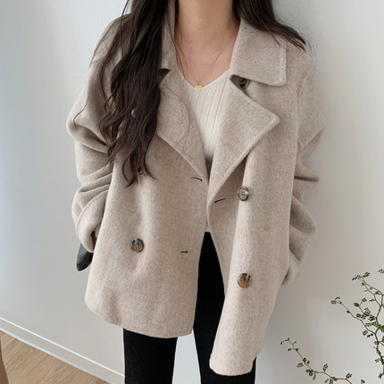 Korean Chic Autumn and Winter French-Style Suit Collar Double-Breasted Loose Casual Versatile Long-Sleeve Warm Woolen Coat
