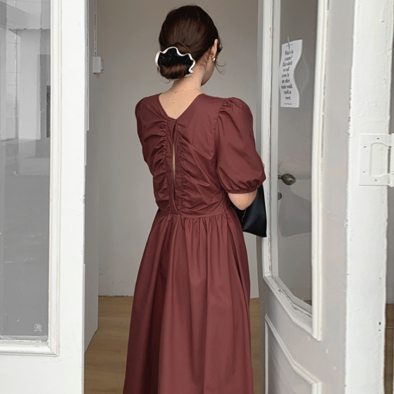 chicV领后背镂空泡泡袖连衣裙女