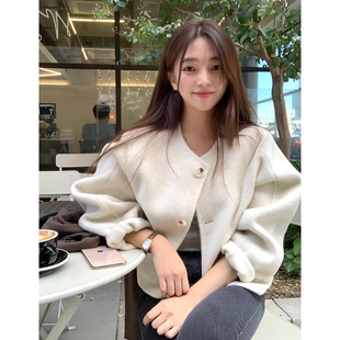 韩国chic秋季 气质圆领单排扣纯色宽松百搭小香风毛呢短外套女 法式