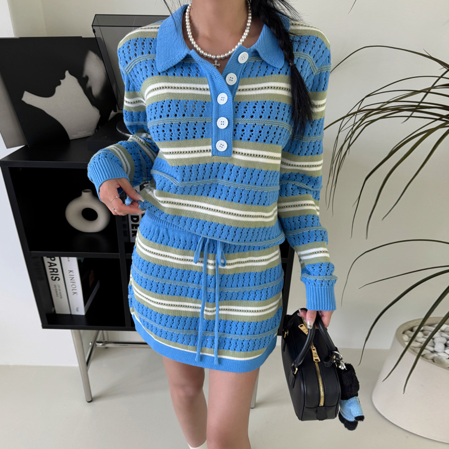 韩国chic秋冬小众减龄镂空提花条纹针织衫女+高腰包臀半身裙套装,女装/女士精品,时尚套装,淘宝优惠券,粉丝福利购,淘宝优惠卷