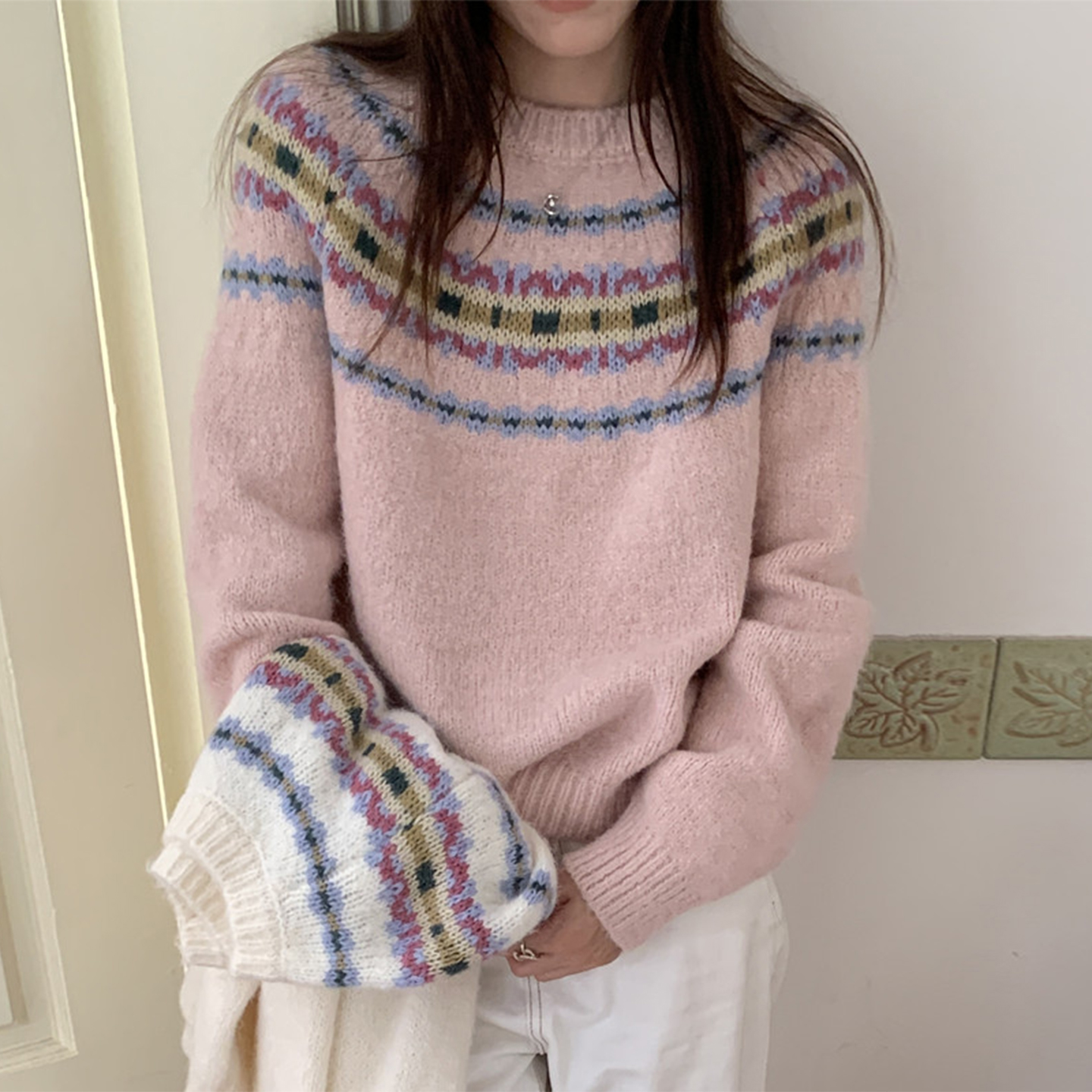 温柔风撞色费尔岛提花软糯百搭毛衣女2025冬季新款宽松针织衫上衣