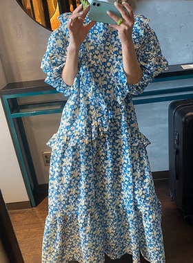 韩国chic法式宫廷风圆领褶皱连衣裙