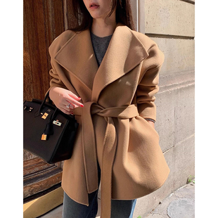 韩国chic秋季 复古高级感翻领绑带收腰显瘦纯色呢子大衣外套女 新款