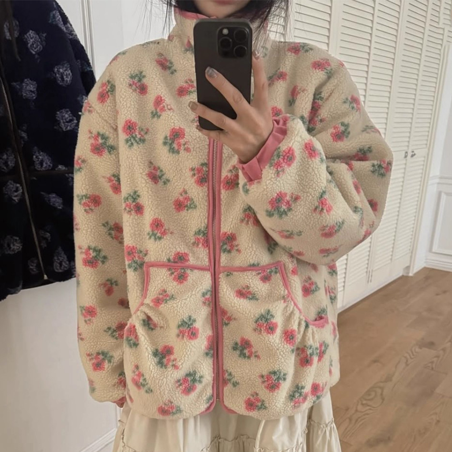 甜美减龄花朵仿羊羔毛短外套女