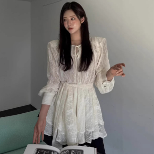 系带收腰中长衬衫 良良家温柔风蕾丝提花长袖 新款 女夏季 上衣 蕾丝衫