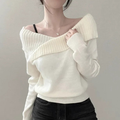 一字肩交叉翻边软糯针织衫毛衣