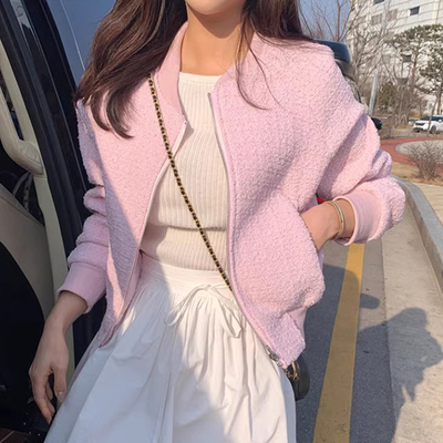 宽松百搭长袖粗纺棒球服外套