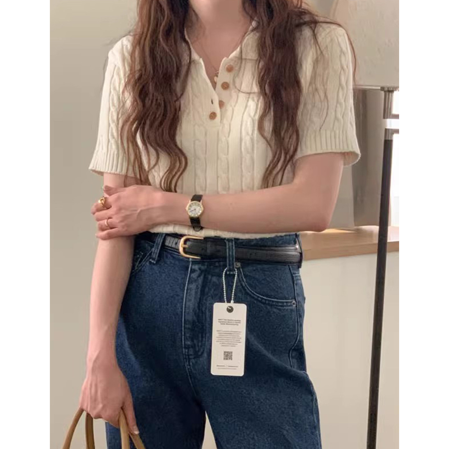 韩系白色polo领麻花纹短款针织衫女早春季新款简约百搭套头上衣