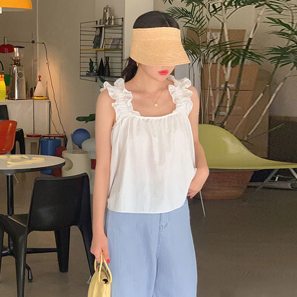良良家法式减龄褶皱木耳边背心衬衫女夏季新款小个子宽松无袖上衣