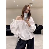 女 衬衫 韩国chic春季 小众设计感不规则斜领露肩宽松百搭系带泡泡袖
