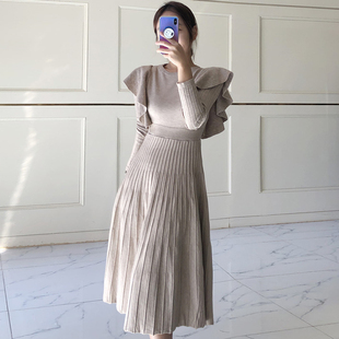 压褶针织连衣裙 复古圆领荷叶边拼接系带收腰长袖 韩国chic秋季 法式