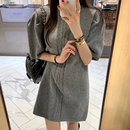 韩国chic秋季 小个子连衣裙女 复古洋气圆领麻花纹宽松直筒泡泡袖