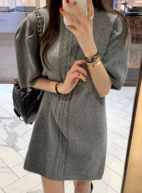 chic圆领麻花纹泡泡袖连衣裙女