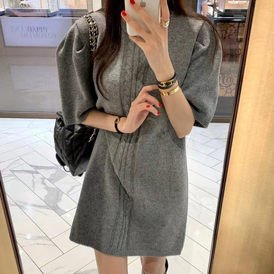 chic圆领麻花纹泡泡袖连衣裙女