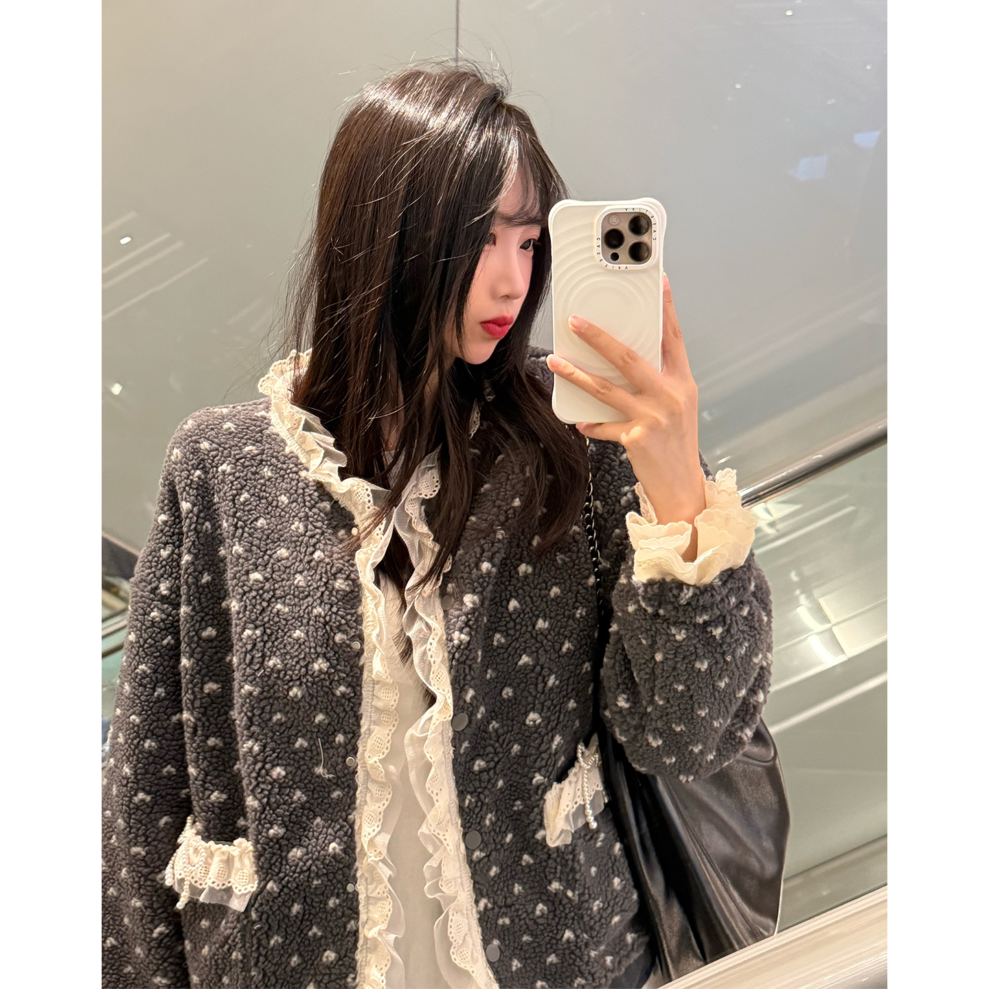 小清新拼接蕾丝花边摇粒绒碎花外套女2025冬季新款双口袋棉服上衣