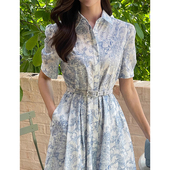 新款 良良家水墨印花短袖 连衣裙女夏季 复古优雅风收腰长裙子配腰带