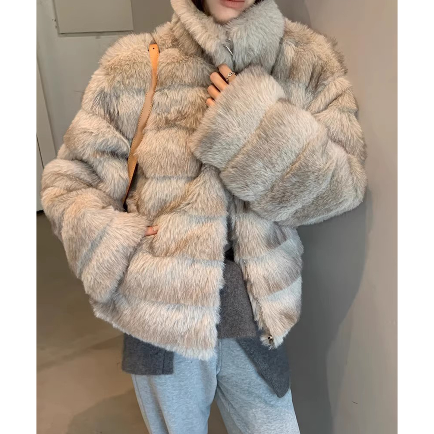 复古洋气仿貂毛层次感皮草短外套