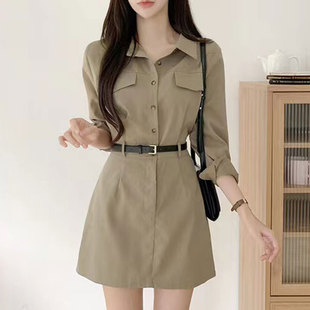 连衣裙配腰带 式 韩国chic秋季 复古气质翻领单排扣压褶收腰显瘦衬衫