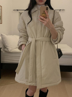 气质系带保暖中长款棉服外套女