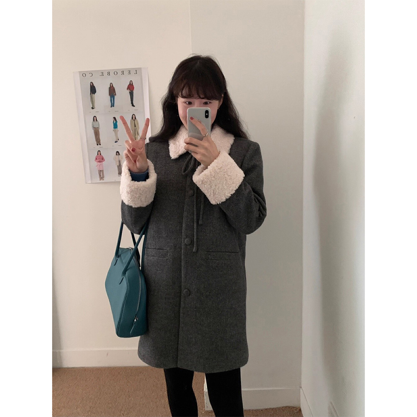 复古撞色拼接毛毛领毛呢外套女
