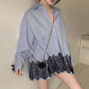 小众设计感蝴蝶结点缀长袖 新款 上衣 女春季 良良家蕾丝拼接条纹衬衫
