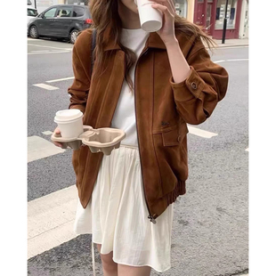 宽松百搭鹿皮绒夹克外套女 复古高级感翻领拉链式 韩国chic秋季 新款