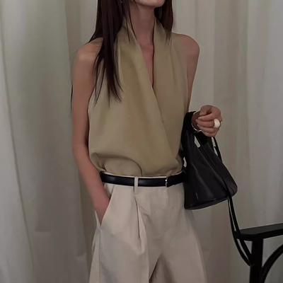 高级感交叉挂脖领亚麻背心衬衫