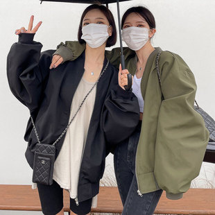 韩国chic秋季复古立领拉链开衫工装风衣宽松长袖棒球服夹克外套女