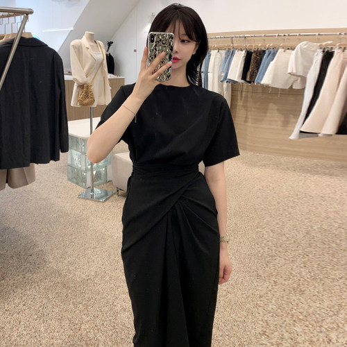 韩国chic褶皱设计短袖开叉连衣裙