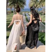 韩国chic夏季 法式 度假风V领宽松休闲小心机露背设计吊带连衣裙女