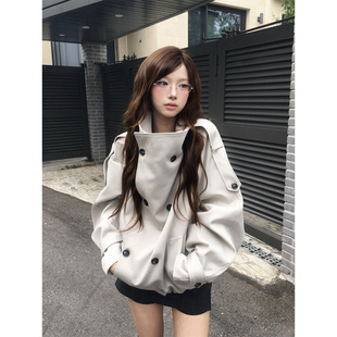 良良家韩系气质双排扣短款风衣外套女秋季新款设计感廓形夹克上衣