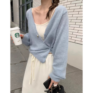 软糯针织衫 温柔风不规则系扣百搭长袖 毛衣外套女 法式 韩国chic秋季
