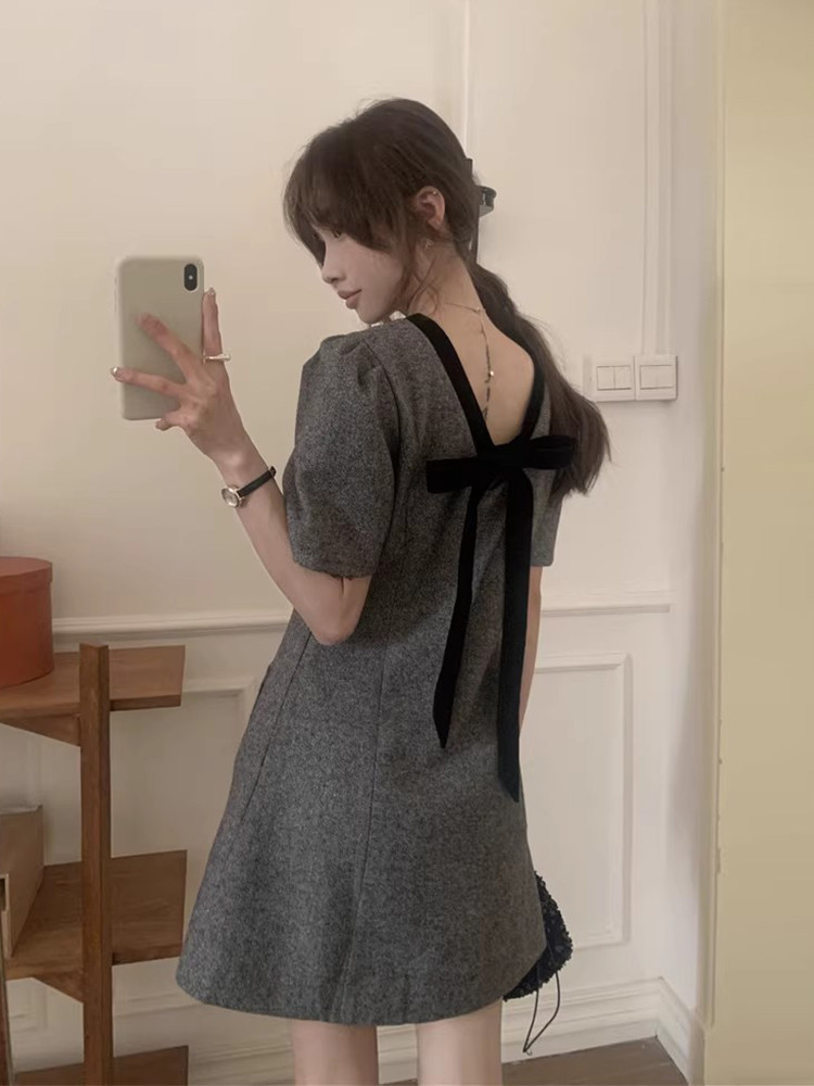 韩国chic夏季复古小香风圆领后背系带蝴蝶结撞色A字短袖连衣裙女,女装/女士精品,连衣裙,淘宝优惠券,粉丝福利购,淘宝优惠卷