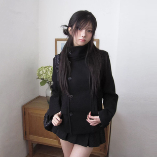复古立领黑色短款毛呢外套女秋冬季修身显瘦气质小个子呢子上衣