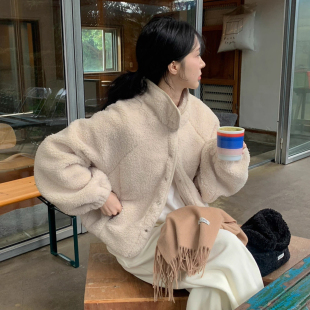 韩国chic冬季法式慵懒风立领暗扣宽松百搭长袖羊羔毛棉服短外套女