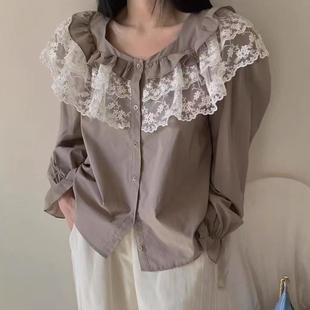 宽松百搭衬衣 女早春新款 优雅气质方领蕾丝花边点缀单排扣长袖 衬衫