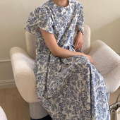 宽松飞飞袖 韩国chic夏季 复古优雅圆领褶皱收腰长款 水墨印花连衣裙