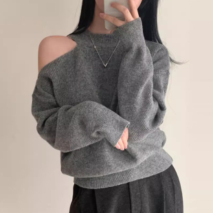 毛衣女 挂脖针织衫 韩国chic秋冬法式 小性感镂空肩软糯宽松百搭长袖