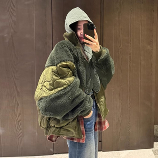 复古高领重工撞色拼接羊羔毛棉服外套女2025冬季新款个性宽松上衣